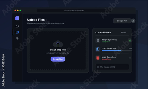 This dark-themed web interface displays a file upload dashboard with a drag-and-drop zone, current upload status list, and storage capacity indicator for digital assets.