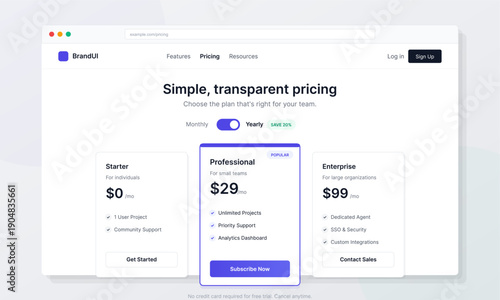 A modern website user interface design showing a pricing page with three subscription tiers, a billing cycle toggle, and interactive buttons for different service plans.