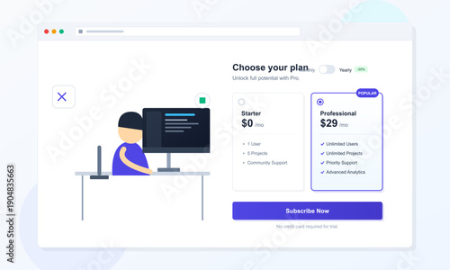 A flat vector illustration of a website pricing page featuring two subscription plans, a starter and a professional option, with a cartoon character working at a computer desk.