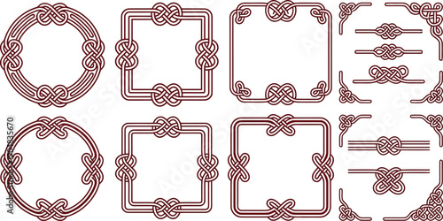 Collection of Celtic knot designs featuring decorative circular and square frames corner elements and dividers isolated on transparent background