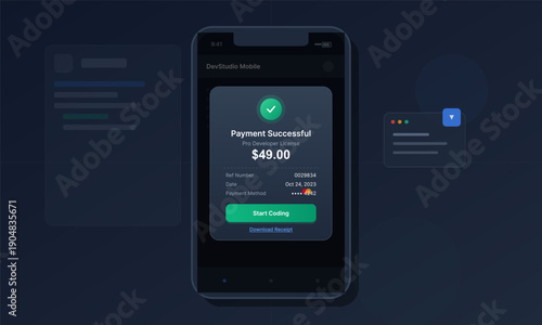 A smartphone screen displays a payment successful notification for a software license including transaction details, a green checkmark, and a start coding button.