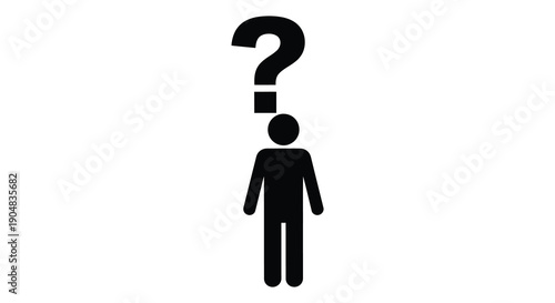 A simple black silhouette of a person standing beneath a large black question mark symbol high quality professional
