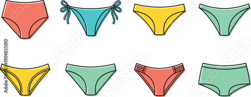 Collection of eight colorful cartoonstyle womens bikini bottoms and panties isolated on transparent background