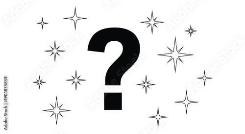 A large black question mark is centered against a white background surrounded by various starburst shapes high quality