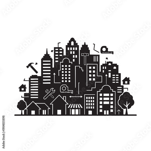 Abstract cityscape silhouette of skyscrapers and buildings with construction tools symbols vector illustration representing urban development