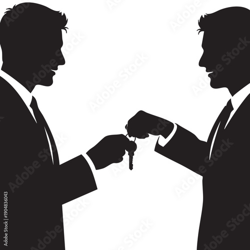 Business men hand over property keys in silhouette representing real estate transaction and successful closing of mortgage deal for new home purchase between agent and client in professional attire