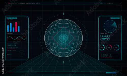 A futuristic orbital command interface display featuring various data visualizations, system status graphs, diagnostics, and a central wireframe sphere on a dark grid background.