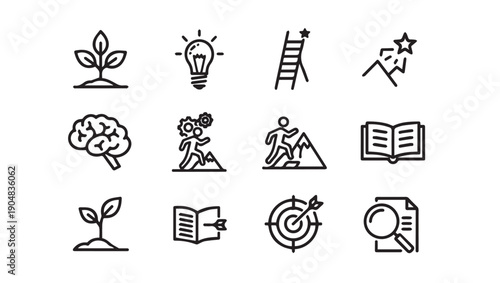 Business Growth Icons: Seedling, Lightbulb, Ladder, Mountain Peak, Brain, Gears, Book, Target, Magnifying Glass