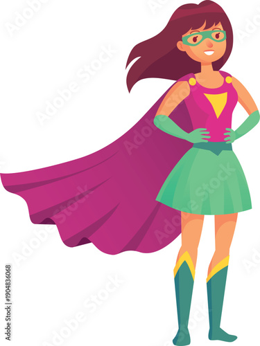 Powerful female superhero standing confidently with hands on her hips, her cape waving in the wind, embodying strength, courage, and heroism