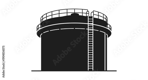 A stark black silhouette depicts a large industrial storage tank with a ladder ascending its side high quality