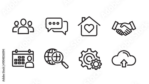 Business Icons Collection: Teamwork, Communication, Home, Partnership, Schedule, Search, Gears, Cloud Upload