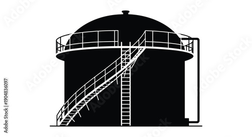 A stark black and white silhouette depicts a large cylindrical storage tank with a domed roof and staircase high quality