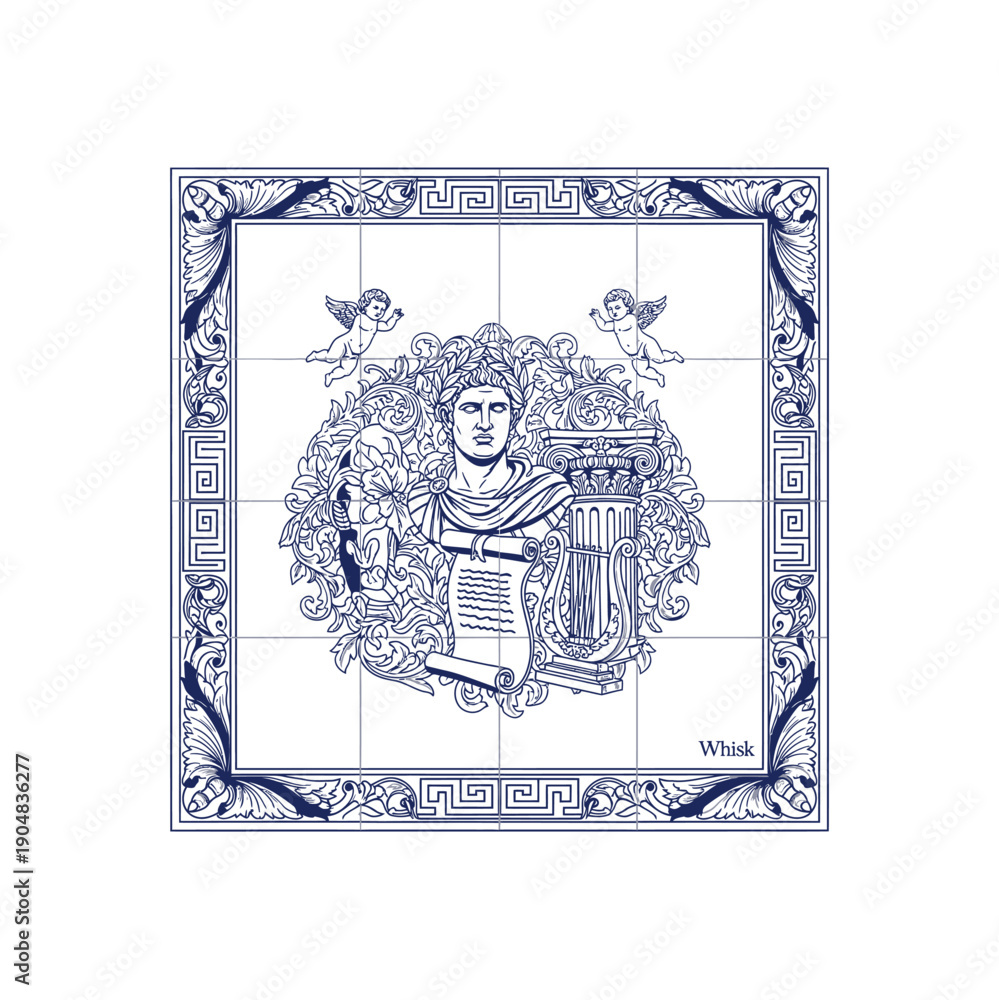 Obraz premium Ancient Roman Emperor Bust with Scroll and Column in Ornate Frame.