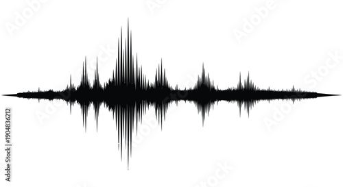A striking black waveform graphic dominates the image resembling a sound visualization or seismic activity high quality professional