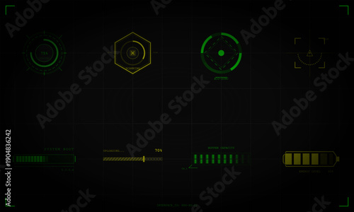 A collection of green and yellow futuristic HUD interface elements on a dark grid background, featuring progress bars, scanning icons, and energy level indicators for a sci-fi theme.