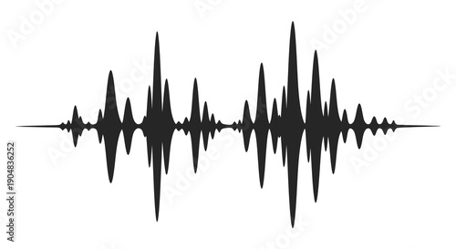 A stark black waveform graphic dominates a white background representing sound or audio visualization high quality professional detailed