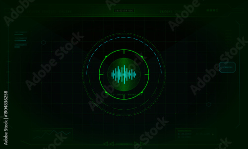 A high-tech green head-up display features a central audio waveform within a circular target. The interface shows system status, scanning progress, and coordinate data on a grid.