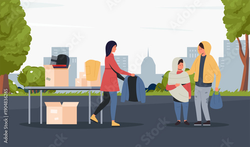Volunteer distributing warm clothes to needy family in open donation center with boxes of things on table. Charity, kindness and care for society. Vector illustration.