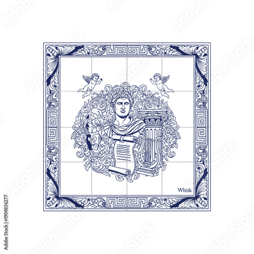 Ancient Roman Emperor Bust with Scroll and Column in Ornate Frame.