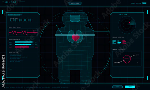 A futuristic medical interface displays patient diagnostics including heart rate, organ integrity, and a 3D body scan with a highlighted heart on a dark digital grid background.
