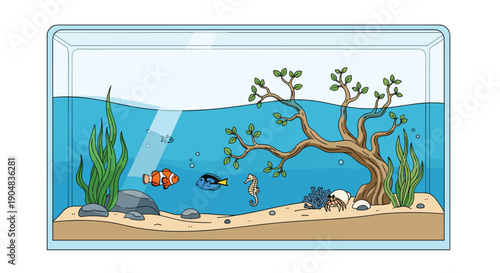 Vibrant and colorful marine aquarium filled with diverse aquatic life including clownfish, blue tang, seahorse, and