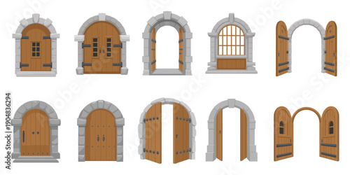 Castle Door Vector old medieval door with iron lattice, showing gates, dungeon entrance, palace doorway, and cellar passage illustration.