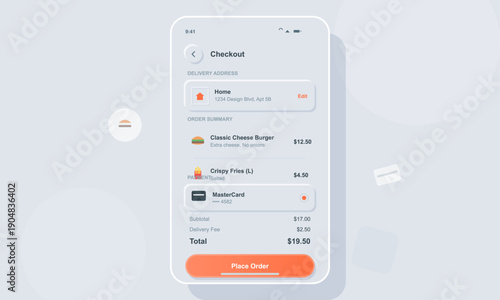 A clean mobile application interface showing a food delivery checkout screen with an order summary for a burger and fries, delivery address, payment method, and a place order button.