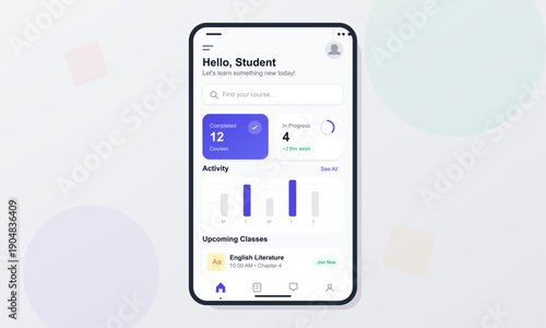 A mobile application interface displays a student dashboard with course statistics, a weekly activity bar chart, and upcoming class schedules on a clean white background.