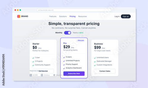 A clean website user interface mockup showing a pricing page with three subscription tiers, a monthly and yearly toggle switch, and a navigation bar in a browser window.