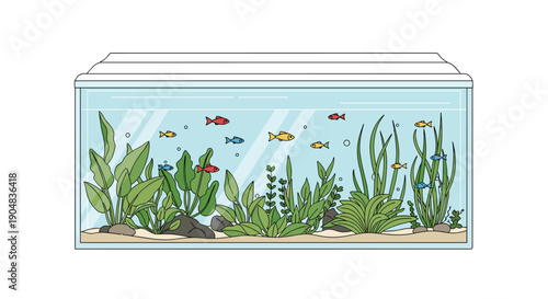 Beautifully aquascaped fish tank featuring a wide variety of small, colorful freshwater fish swimming amidst dense,