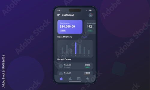 A smartphone displays a dark-themed business dashboard mobile application interface featuring sales analytics, revenue statistics, and recent order tracking on a purple background.