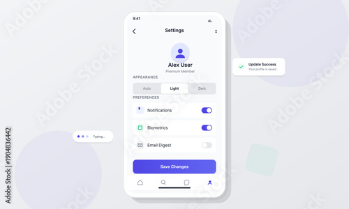 This mobile app interface displays a settings menu with user profile details, theme selection, and toggle switches for notifications, biometrics, and email digest.