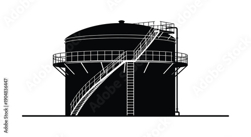 A stark black and white illustration depicts a large cylindrical industrial storage tank with a ladder high quality professional detailed