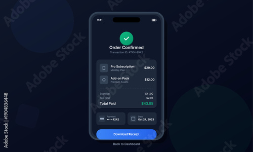 A smartphone interface displays a successful order confirmation screen with a green checkmark. The digital receipt includes subscription details, pricing, and a download receipt button.