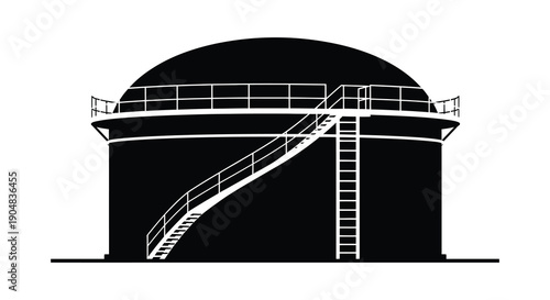 A stark black and white illustration depicts a large cylindrical storage tank with a domed roof and access ladder