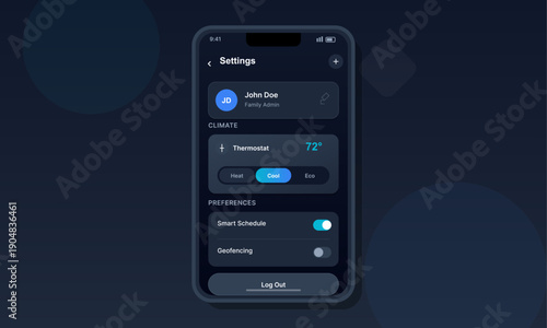 A mobile phone screen shows a smart home management app with climate settings and user profile details. The interface includes options for smart scheduling and geofencing in dark mode.