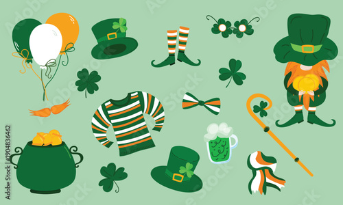 St. Patrick Day vector clipart set. Cute leprechaun, pot of gold, clover, and party accessories. Bright green Irish holiday elements for greeting cards, stickers, and social media marketing