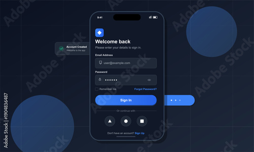 A dark mode mobile application login screen featuring email and password input fields, a blue sign-in button, and social media authentication icons on a dark blue background.