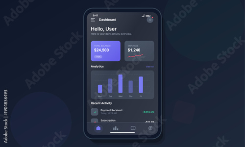 A modern mobile application dashboard interface featuring financial data, including total balance, expenses, a bar chart for analytics, and a list of recent transaction activities.