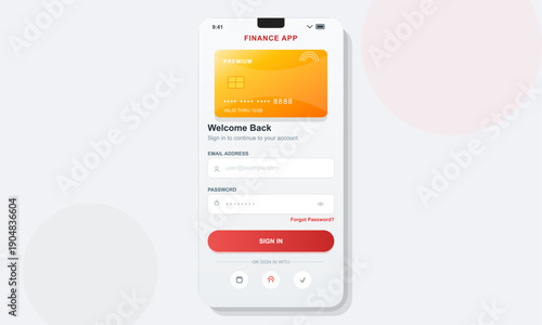 A mobile phone displays a finance application login screen with a yellow premium credit card graphic, email and password input fields, and a red sign in button on a clean white interface.