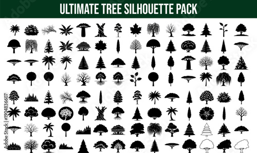 Massive Collection of Over 100 Tree Silhouettes featuring Pine Palm Oak Willow and Forest Evergreen Varieties in Bold Black