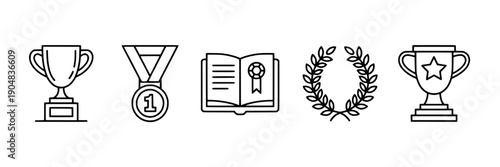 Awards icons set with trophies, medals, books, and laurel wreaths in line art style featuring black and white, achievement, recognition with vector and illustration elements for simple, clean