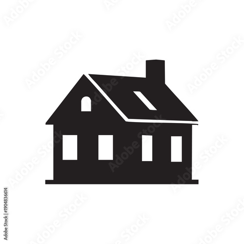 Simple house icon isolated on white background depicting a classic home design with a chimney and multiple windows ideal for real estate property and residential development