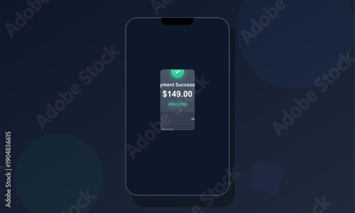 A smartphone mockup displays a successful digital payment notification for one hundred forty-nine dollars on a dark blue background with abstract circular shapes.