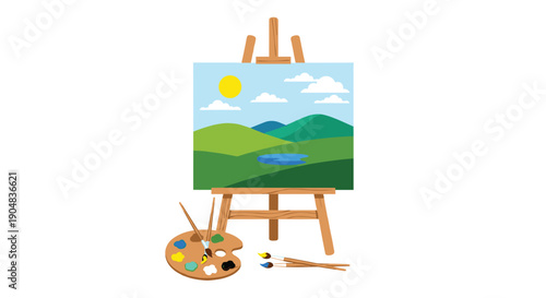 Wooden art easel holding a vibrant landscape painting depicting green hills, a blue lake, and a bright sun in a clear