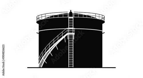 A stark black and white silhouette depicts a large cylindrical storage tank with a ladder ascending its side high quality