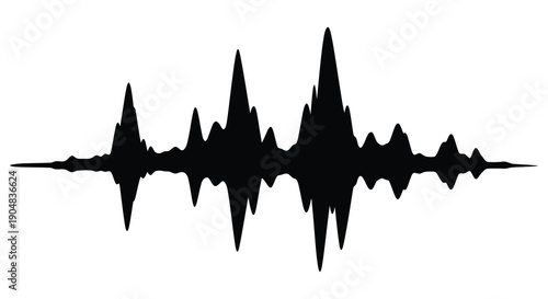 A stark black and white waveform illustration depicts a visual representation of sound resembling an equalizer high quality