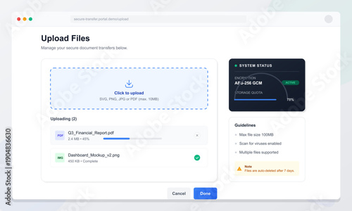 This digital interface displays a secure document transfer portal with a file upload area, progress indicators for ongoing transfers, system encryption status, and usage guidelines.