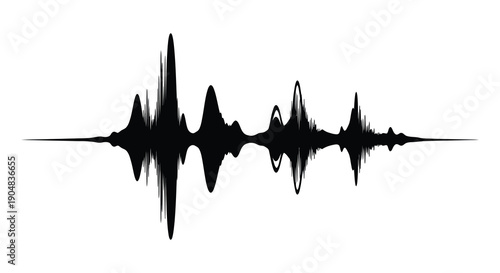 A stark black and white image depicts a waveform resembling a visual representation of sound or audio data