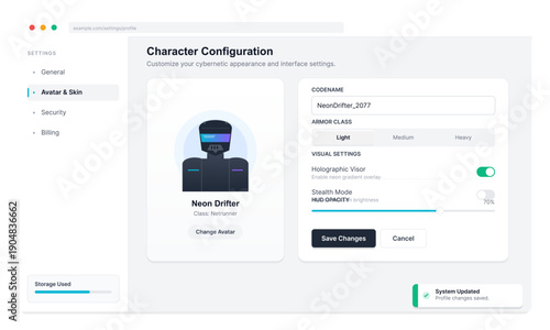 A user interface for character configuration in a digital application, featuring options for avatar selection, armor class, and visual settings like holographic visor and stealth mode.